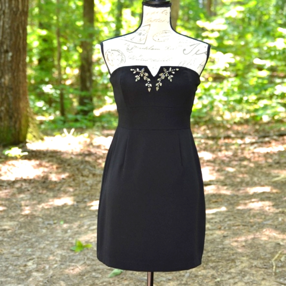 Max and Cleo strapless jeweled black dress